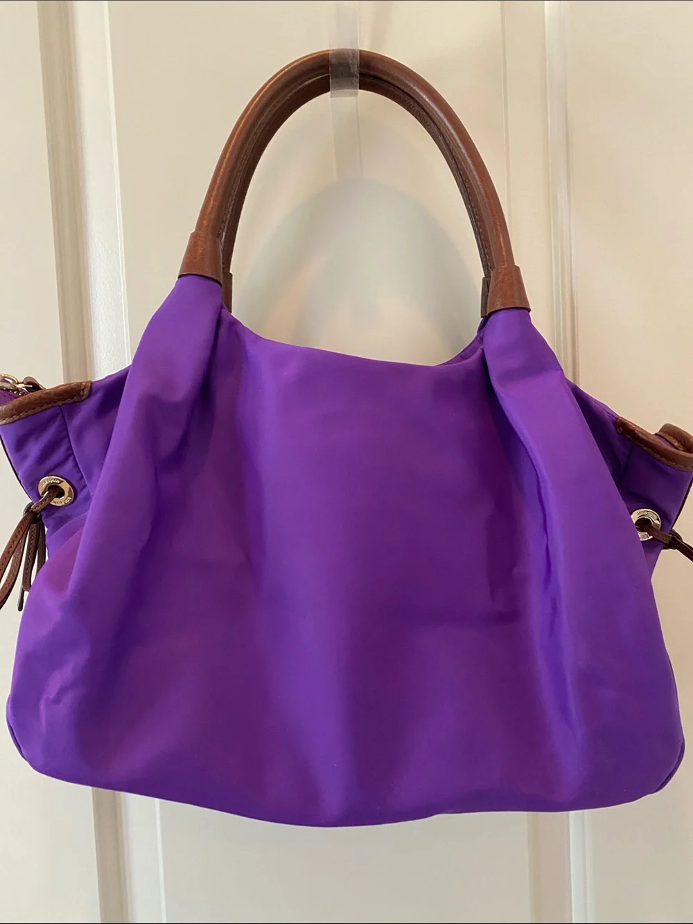 kate spade vibrant purple nylon shoulder bag with brown leather handles